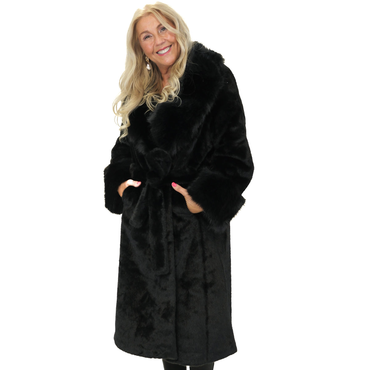 Malissa J Long Belted Faux Fur Coat