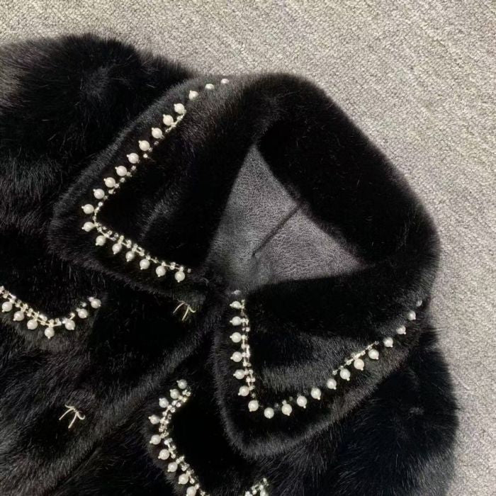 Luxurious Black Faux Fur Pearlies Embellished Jacket