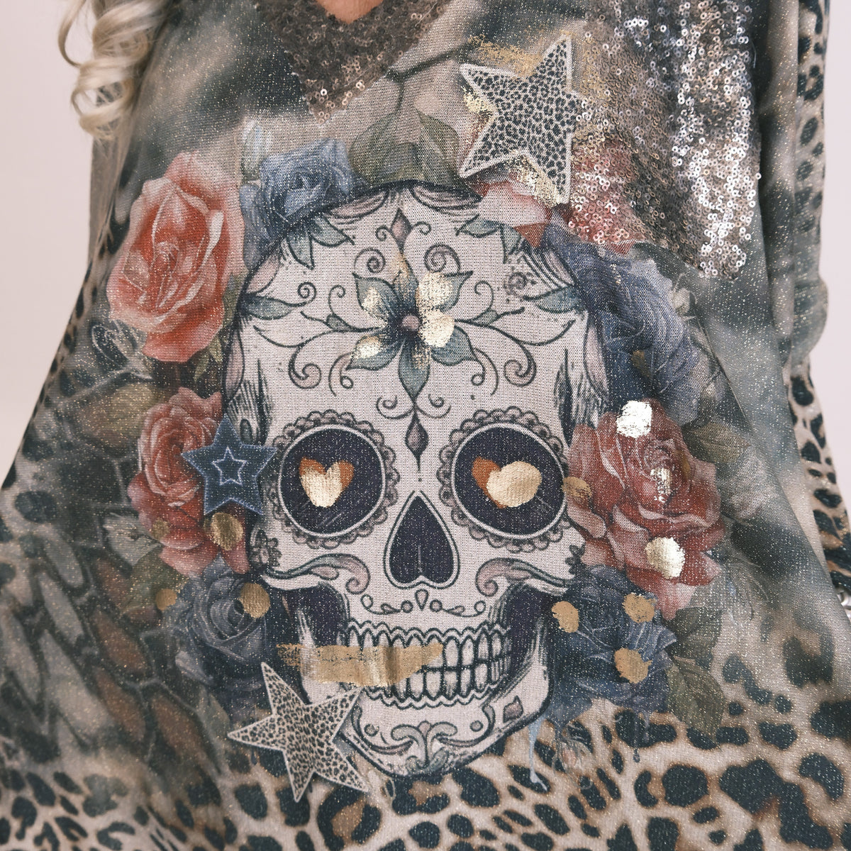 Floral Skull & Leopard Print Shimmer Top