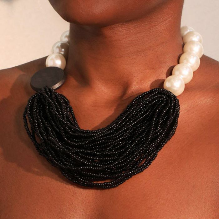 Seed Bead Necklace with Large Faux Pearls in Black