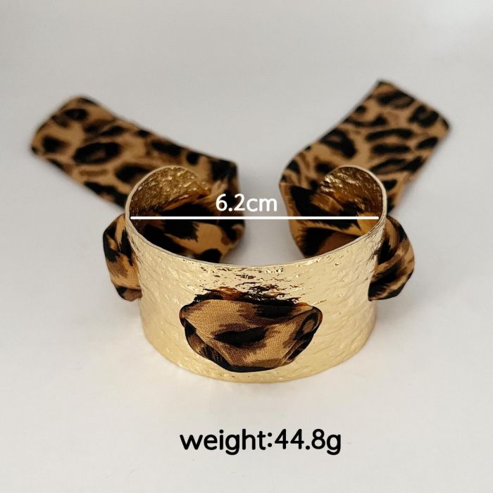 Textured Bracelet Cuff with Leopard Fabric Detail in Gold