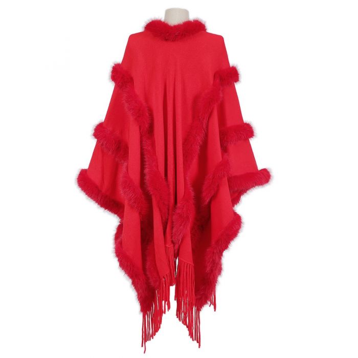 Chic Faux Fur Fringe Knitted Cape in Red