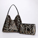 Black Leopard Sequin HandBag with Matching Clutch