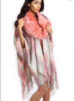 PALE PINK AND MINT GREEN TARTAN CHECK BLANKET CAPE WITH TASSELS