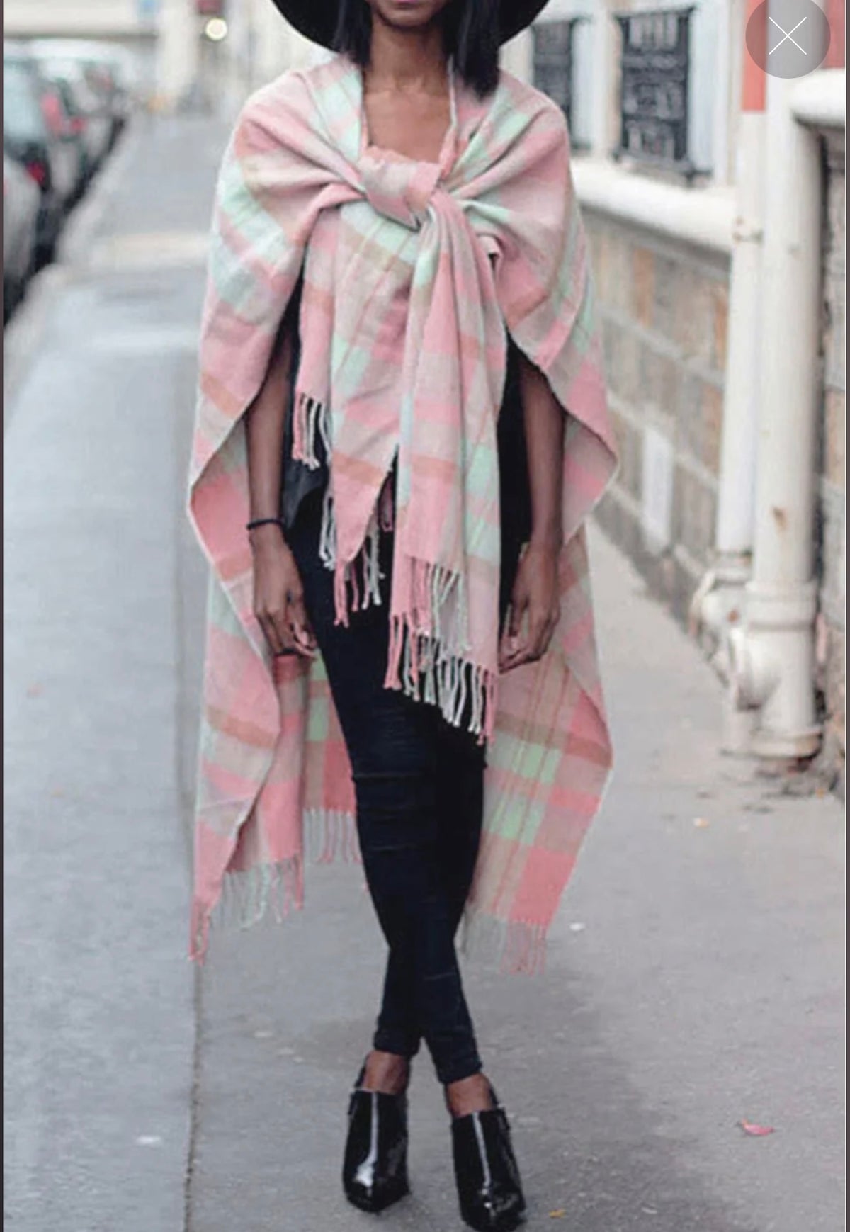 PALE PINK AND MINT GREEN TARTAN CHECK BLANKET CAPE WITH TASSELS