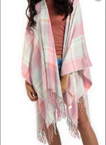 PALE PINK AND MINT GREEN TARTAN CHECK BLANKET CAPE WITH TASSELS