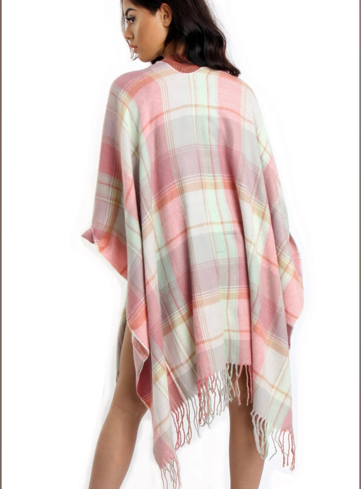 PALE PINK AND MINT GREEN TARTAN CHECK BLANKET CAPE WITH TASSELS