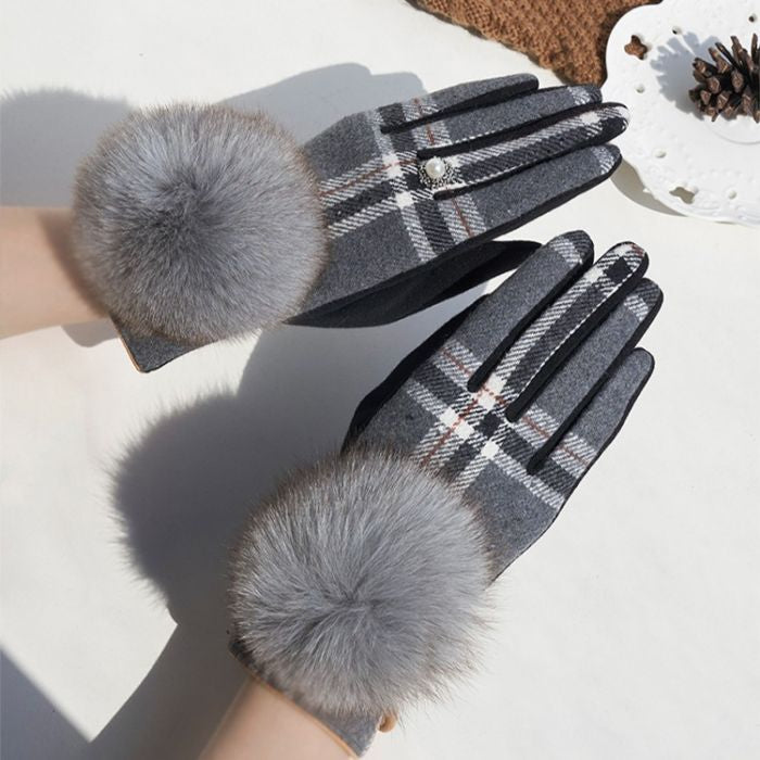 Checks Winter Gloves with Faux Fur Pompom in Grey in