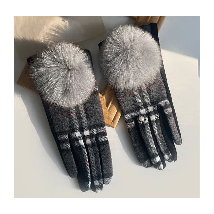 Checks Winter Gloves with Faux Fur Pompom in Grey in