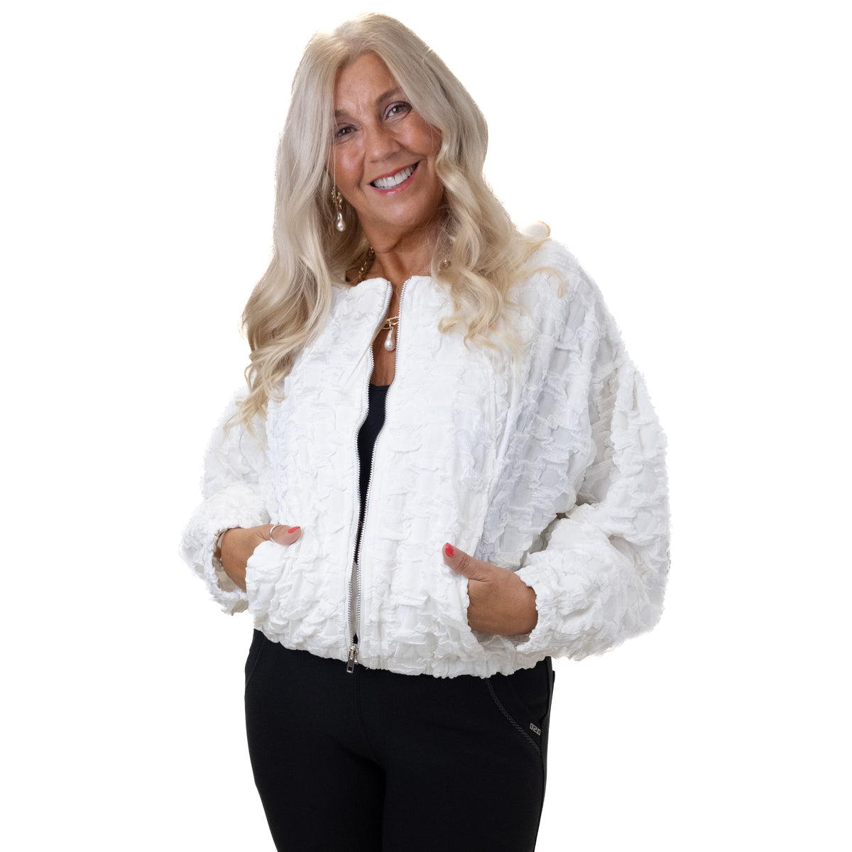 Organza Ruffle Zipped Bomber Jacket