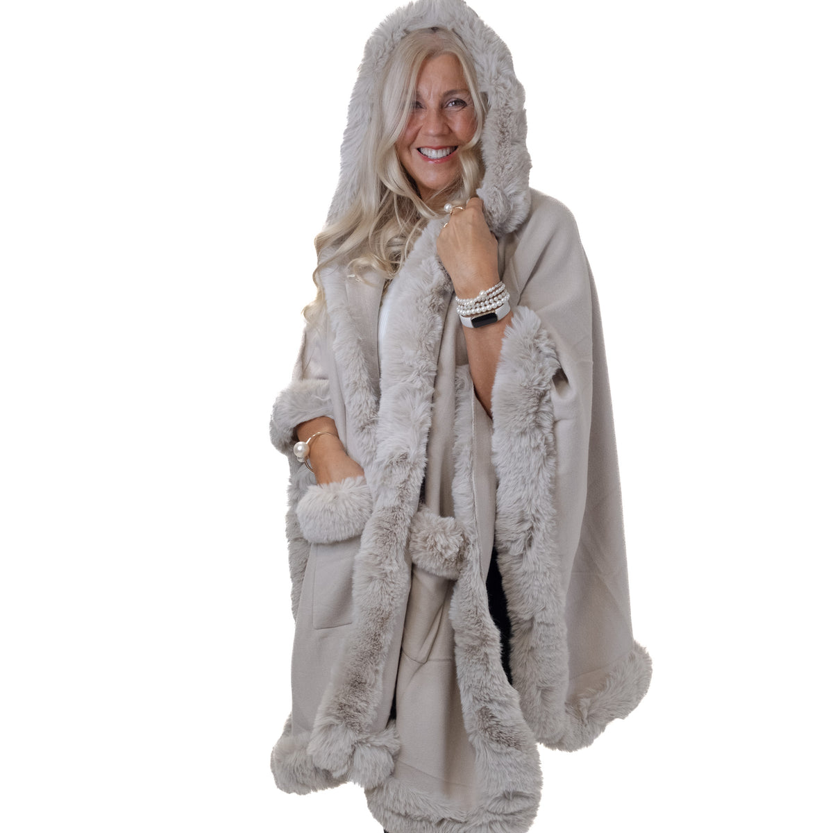 Hooded Faux Fur Trim Cape