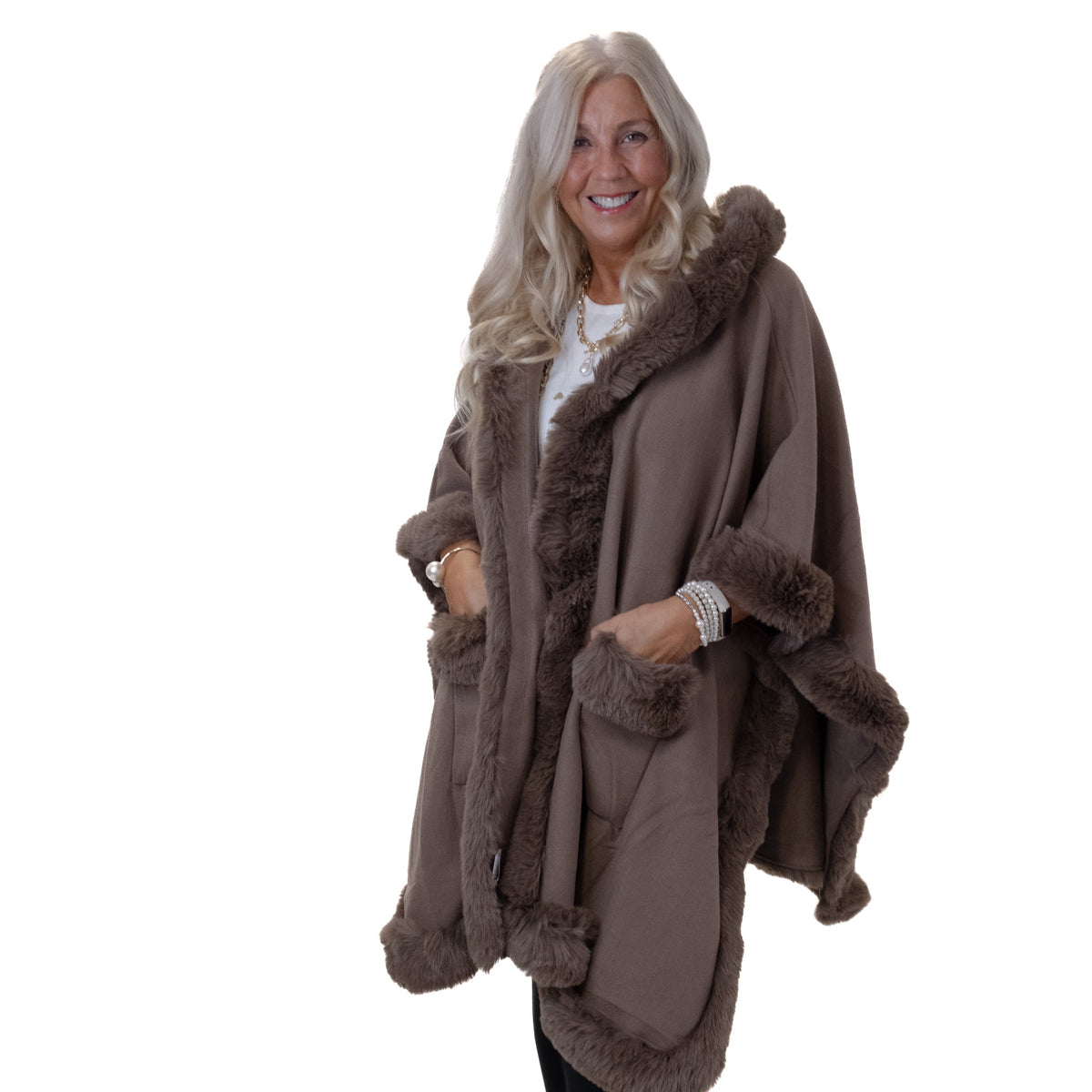 Hooded Faux Fur Trim Cape