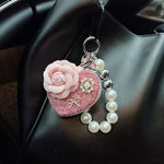 Heart Mirror Keychain with Flower and Pearl Charm in Pink