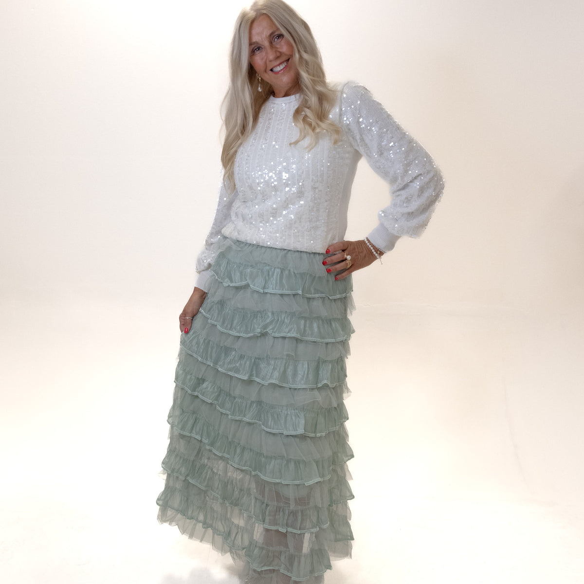 Velour Trim Ruffle Net Skirt