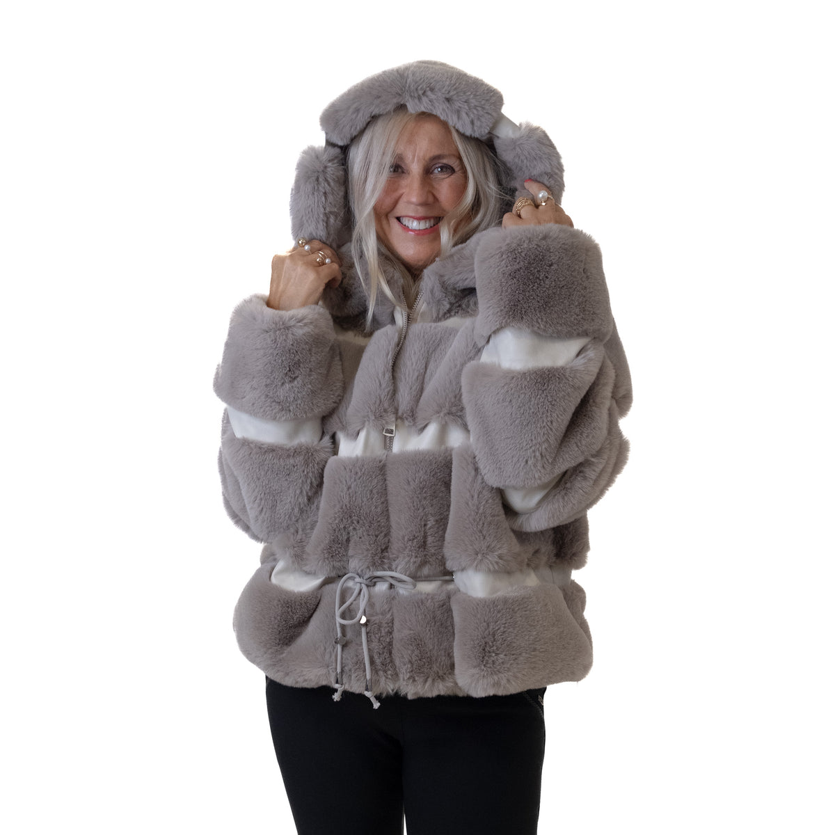 Hooded Drawstring Faux Fur Jacket