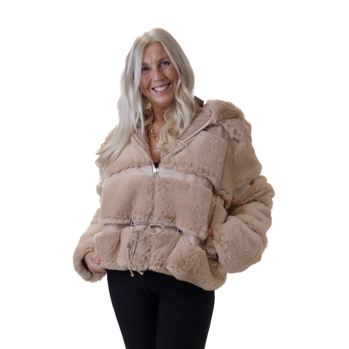 Hooded Drawstring Faux Fur Jacket