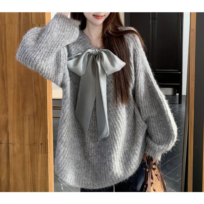 Long Sleeve Sweater with Feminine Bow Accent in Grey or cream