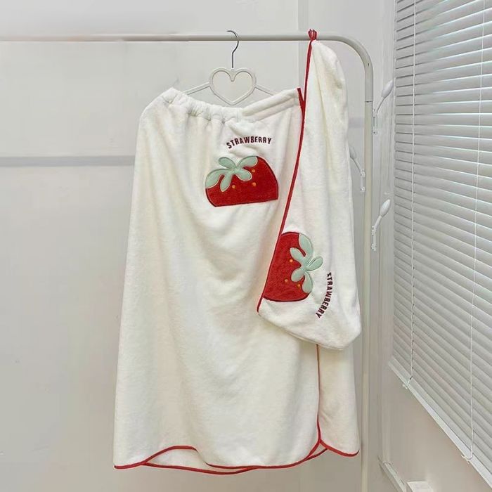 2 Pieces Strawberry Bath Wrap & Hair Drying Towel Set
