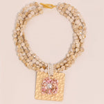 Shell Beaded Choker with Bold Gold Tone Medallion in Cream