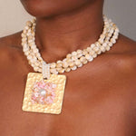 Shell Beaded Choker with Bold Gold Tone Medallion in Cream