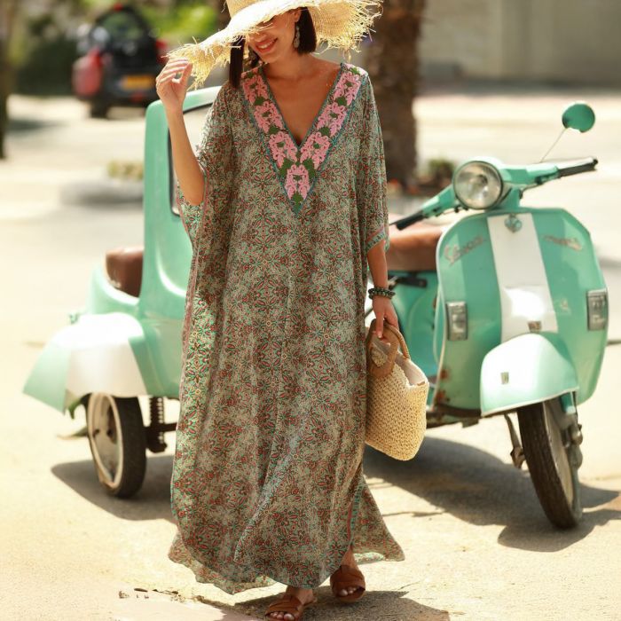 Green Floral Print Beach Cover-Up Dress