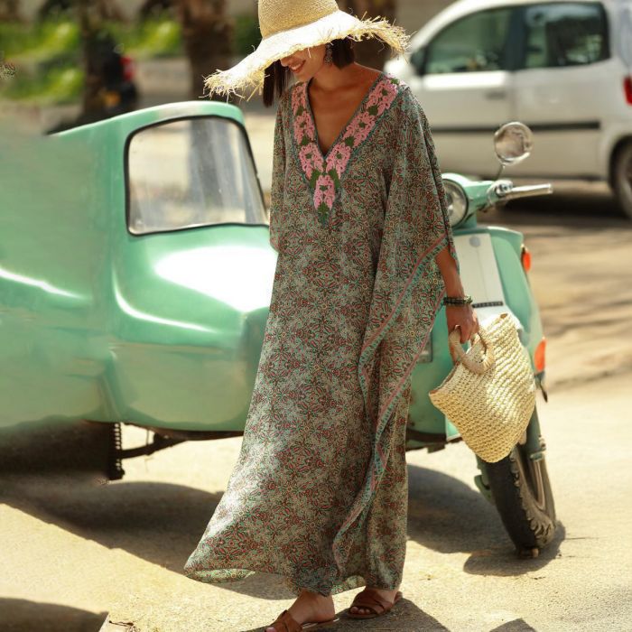 Green Floral Print Beach Cover-Up Dress