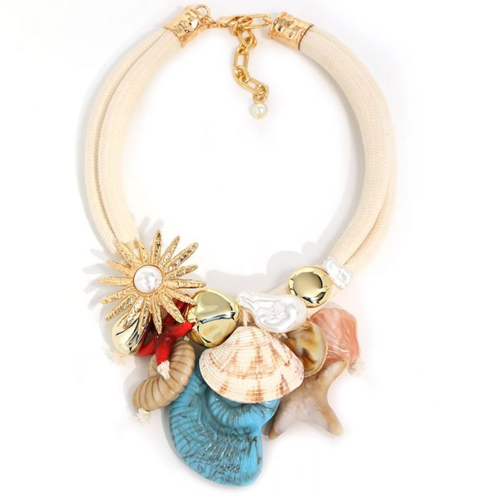 Seashell & Starfish Rope Choker Necklace in Cream
