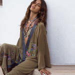 Floral Embroidered Flowy Beach Kimono in Green