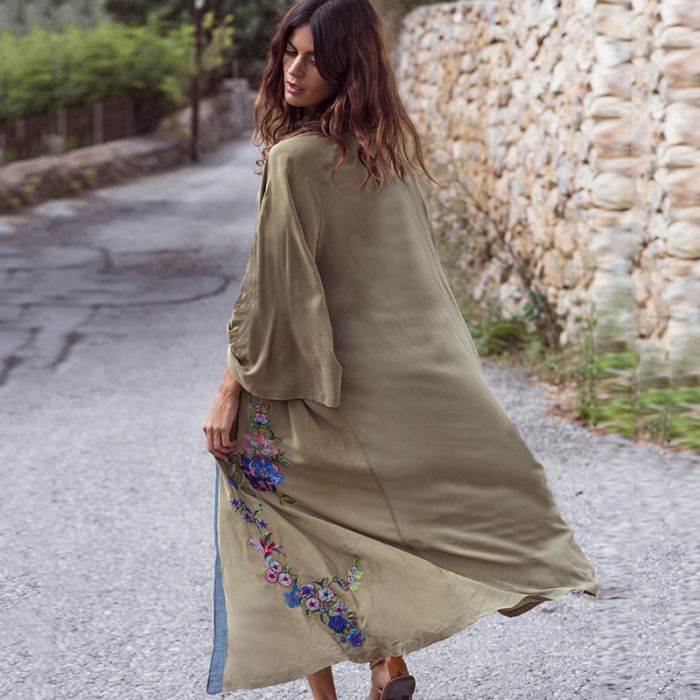 Floral Embroidered Flowy Beach Kimono in Green