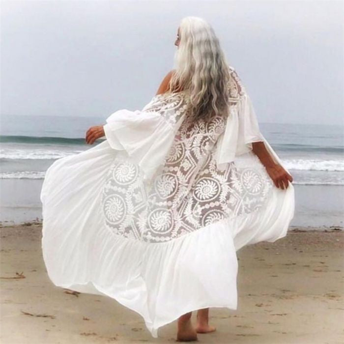 White Lace Crochet Beach Cover-Up Kimono