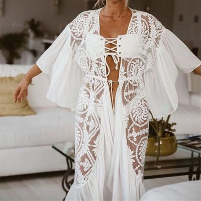 White Lace Crochet Beach Cover-Up Kimono