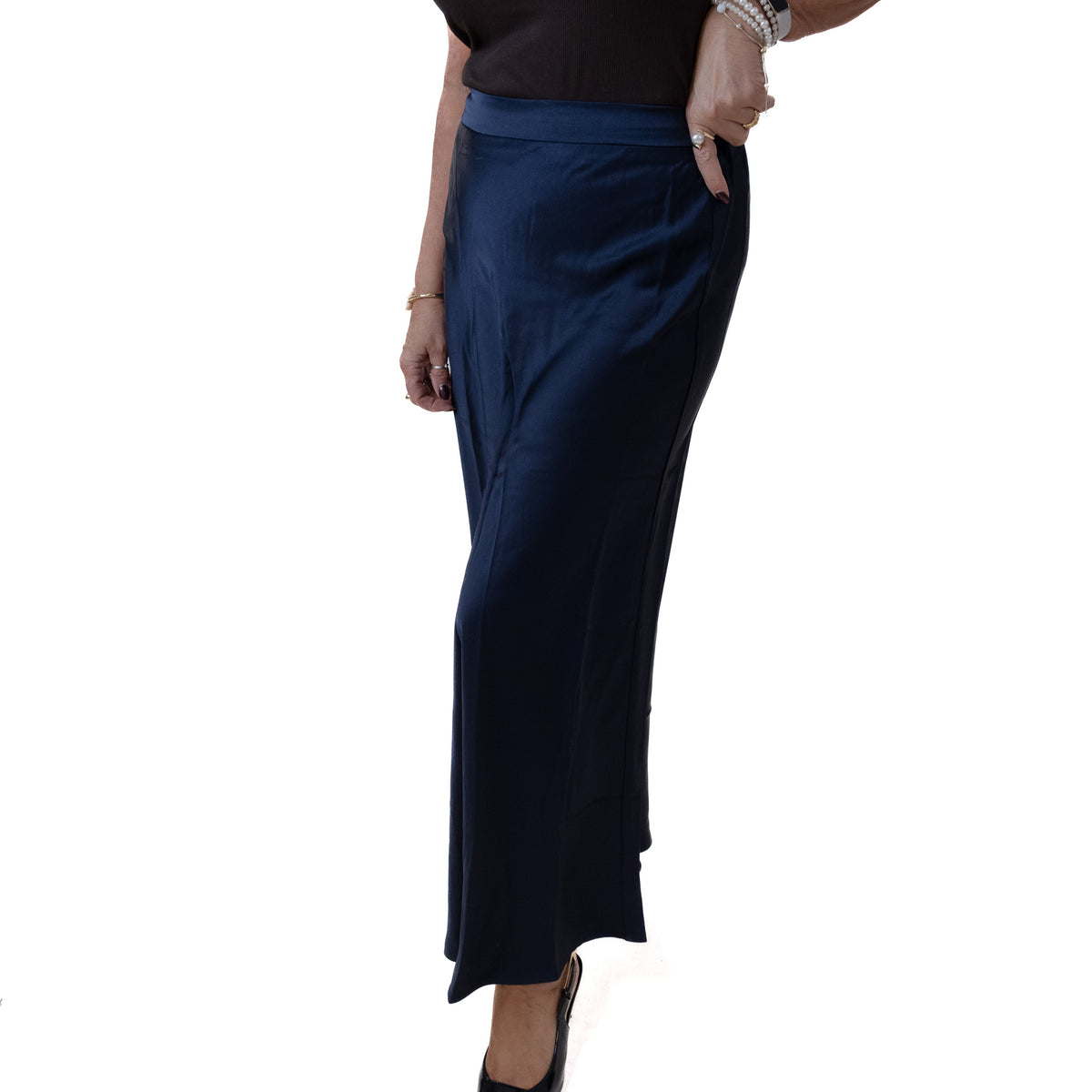 Long Navy Satin Skirt