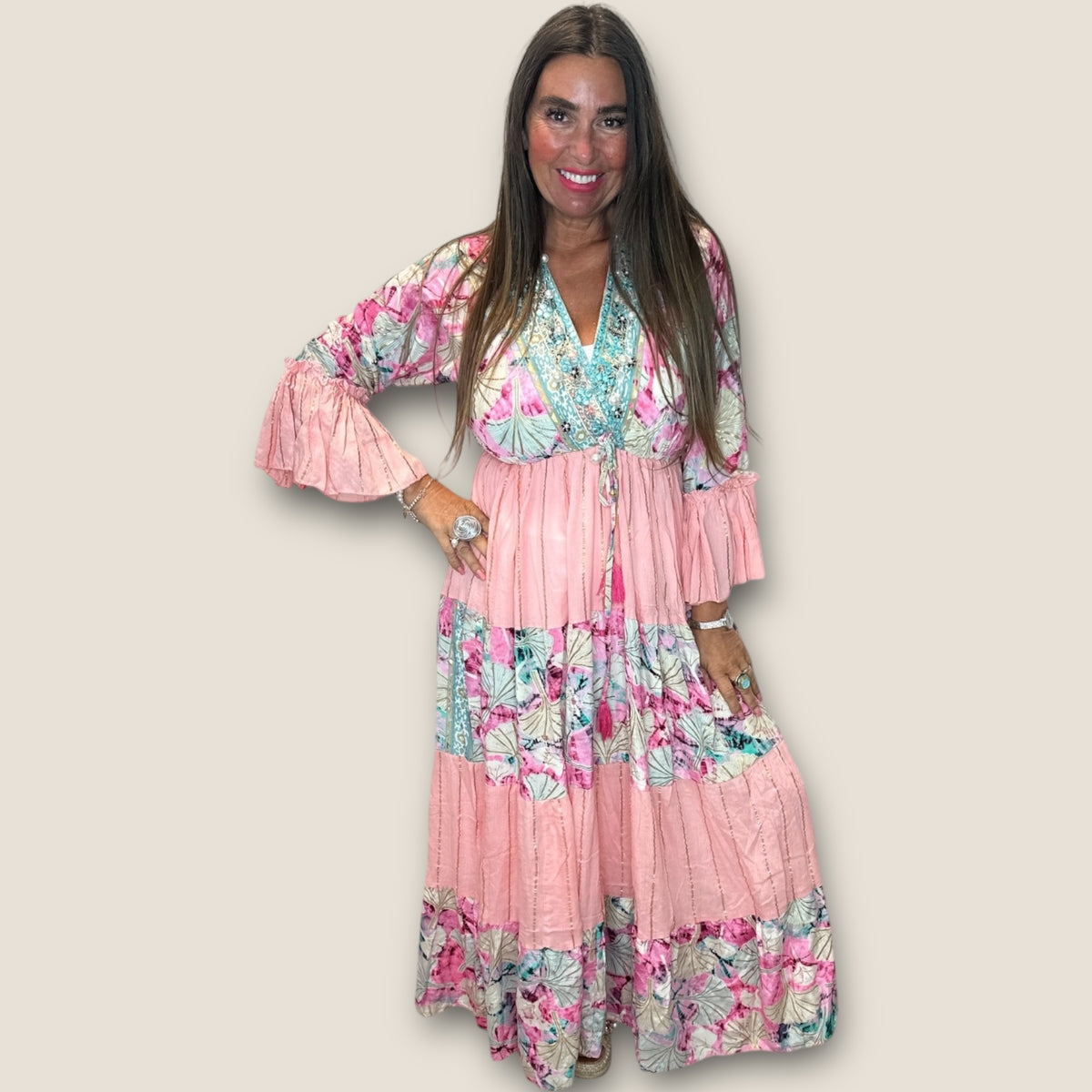 Long Pink Boho frill dress