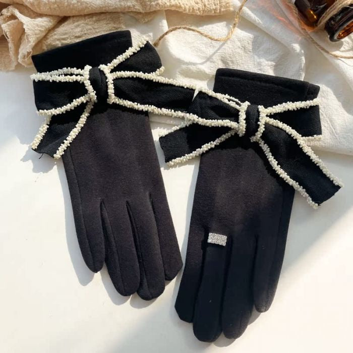 Stylish Gloves with Beaded Bows in Black