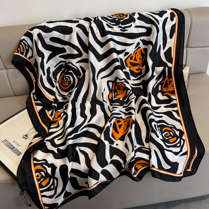 Elegant Zebra Print & Orange Floral Satin Scarf