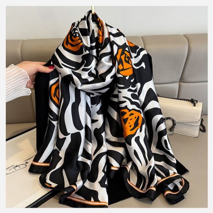 Elegant Zebra Print & Orange Floral Satin Scarf