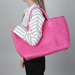 Luxury Woven Tote Bag with Purse Bag in Fuchsia