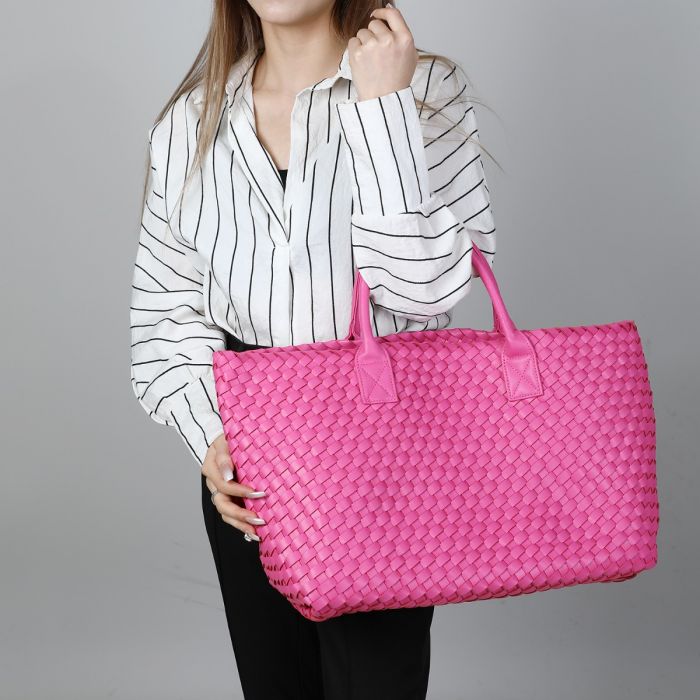 Luxury Woven Tote Bag with Purse Bag in Fuchsia