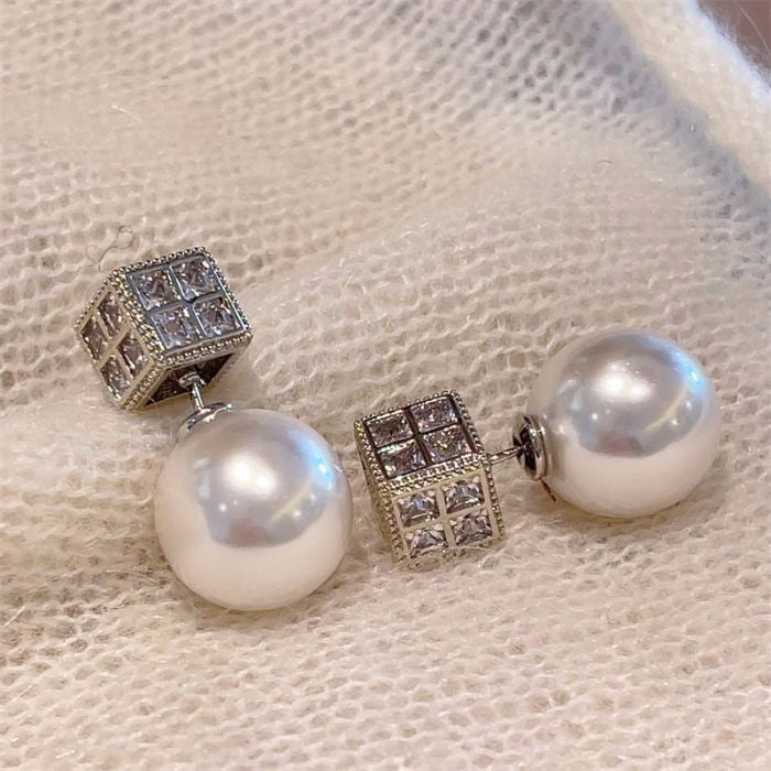 Stunning Pearl & Crystal Cube Earrings in Silver
