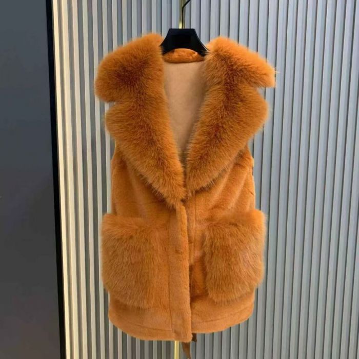Faux Fur Collar & Pocket Vest in Orange