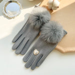 Faux Fur Pompom & Decorative Heart Gloves in Silver