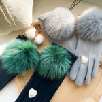 Faux Fur Pompom & Decorative Heart Gloves in Silver