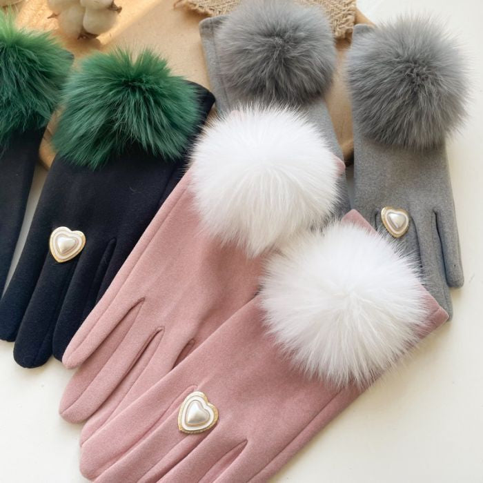 Faux Fur Pompom & Decorative Heart Gloves in Silver