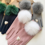 Faux Fur Pompom & Decorative Heart Gloves in Silver