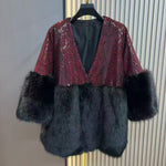 Sequin Jacket with Faux Fur Trim in Red