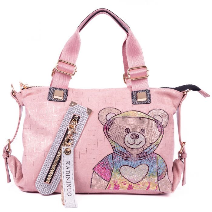Trendy Teddy Bear Appliqué Shoulder Bag in Pink