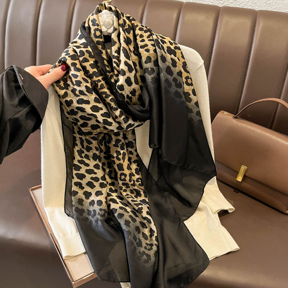 Leopard Print Satin Scarf in Brown