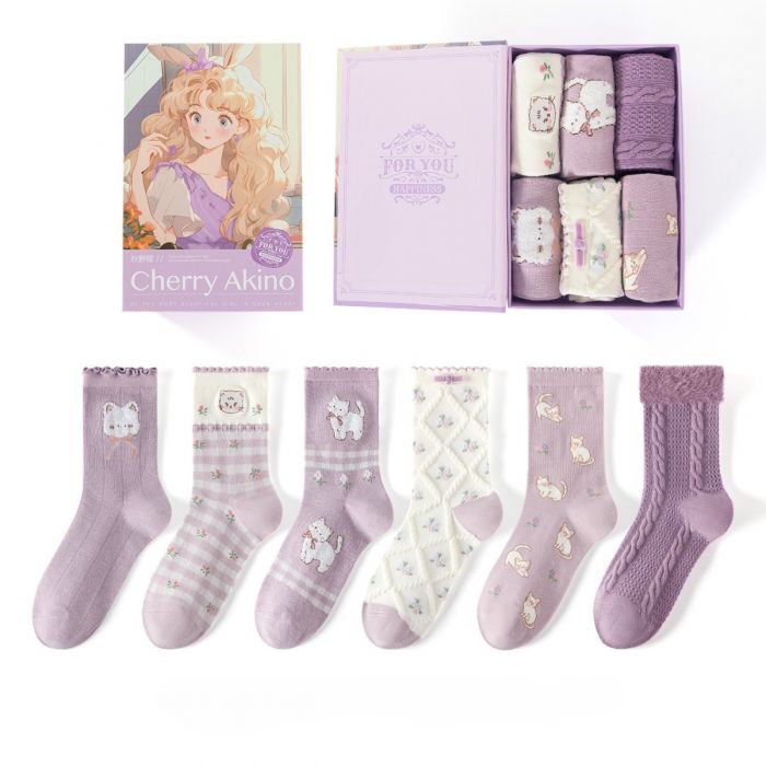 Cherry Akino Gift Box 6 Pairs of Socks in Lilac