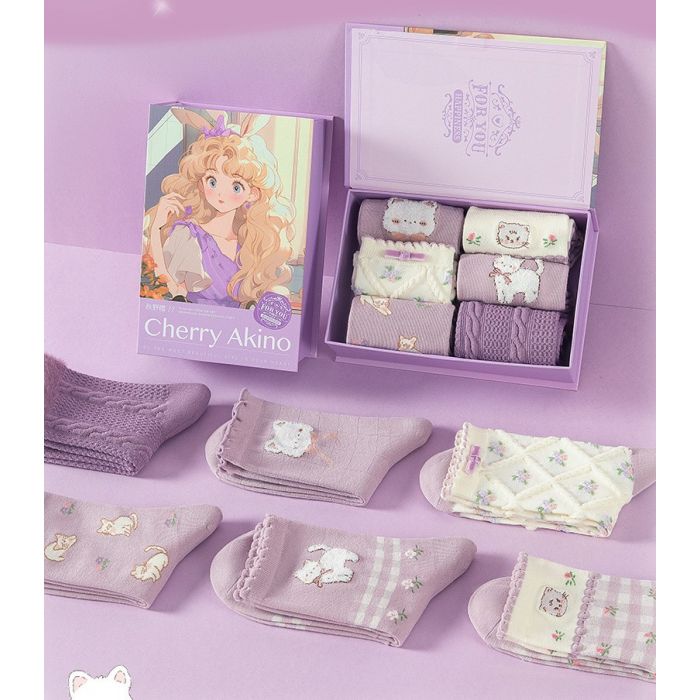 Cherry Akino Gift Box 6 Pairs of Socks in Lilac