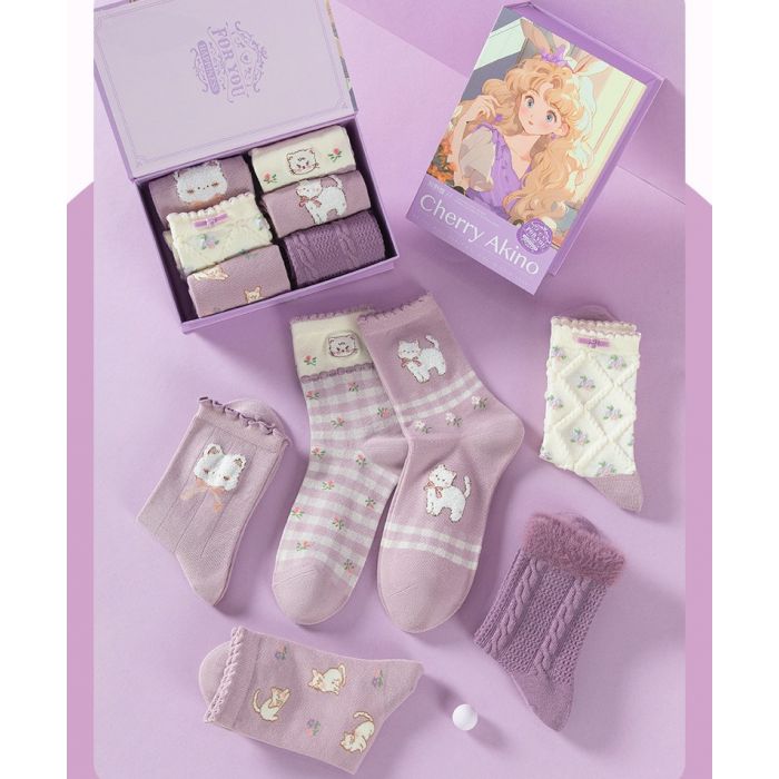 Cherry Akino Gift Box 6 Pairs of Socks in Lilac